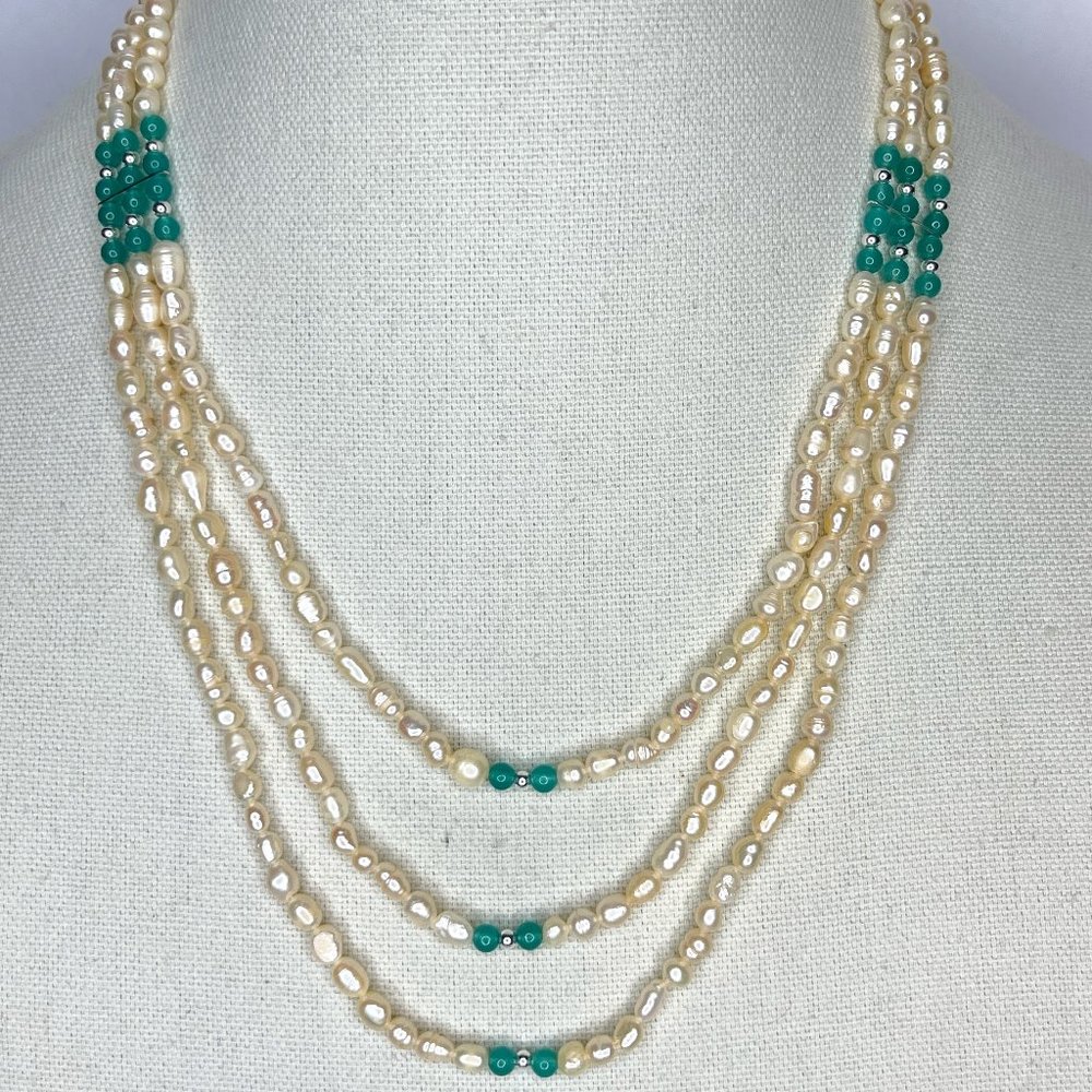 Handmade Freshwater Pearl, Teal Jade & 925 Sterling Silver Three Strand Necklace